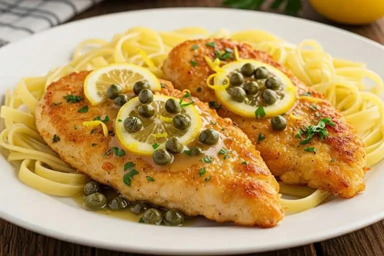 Christian's Classic Chicken Piccata with lemon and capers over pasta